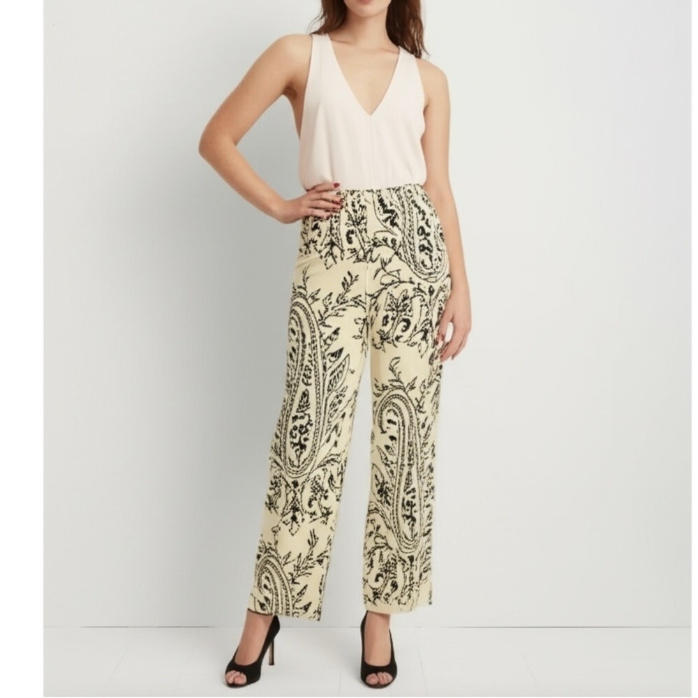 TALBOTS Petite Dress Pant Straight Leg Trouser Beige Black Damask Sz 10/12